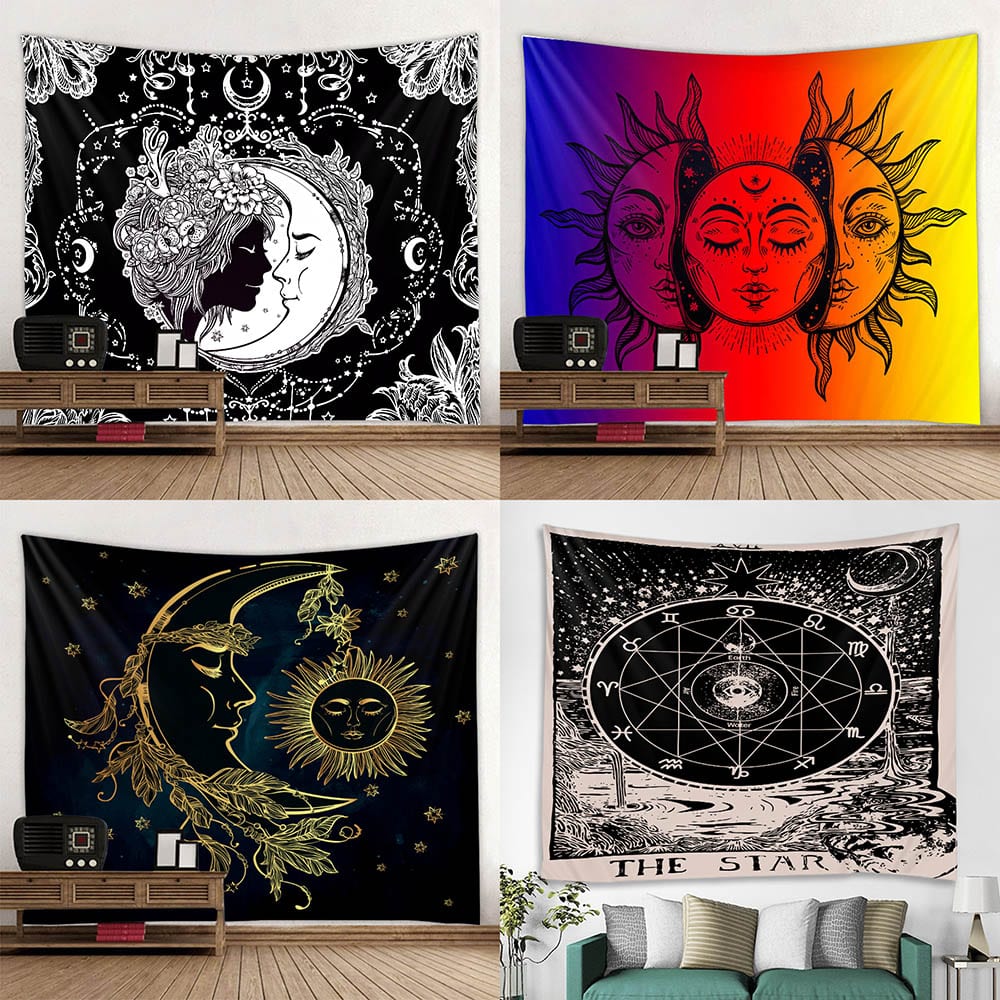 Hot Sale Black White Color Sun Moon Goddess Printed Tapestry Background Decorative Tapestry Various Sizes