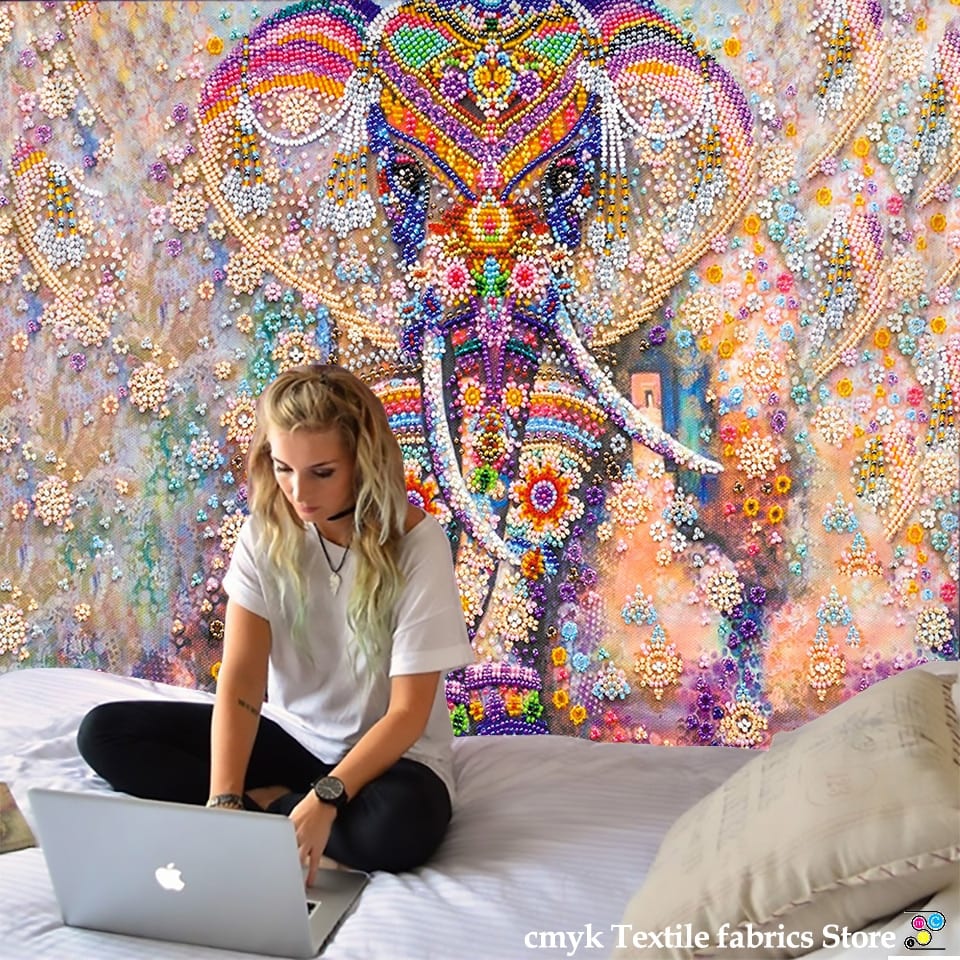 Colorful Pearl Elephant Tapestry 3D Mosaic Style Hippie Boho Wall Tapestries Mandala Fabric  Mat Living Room Decor