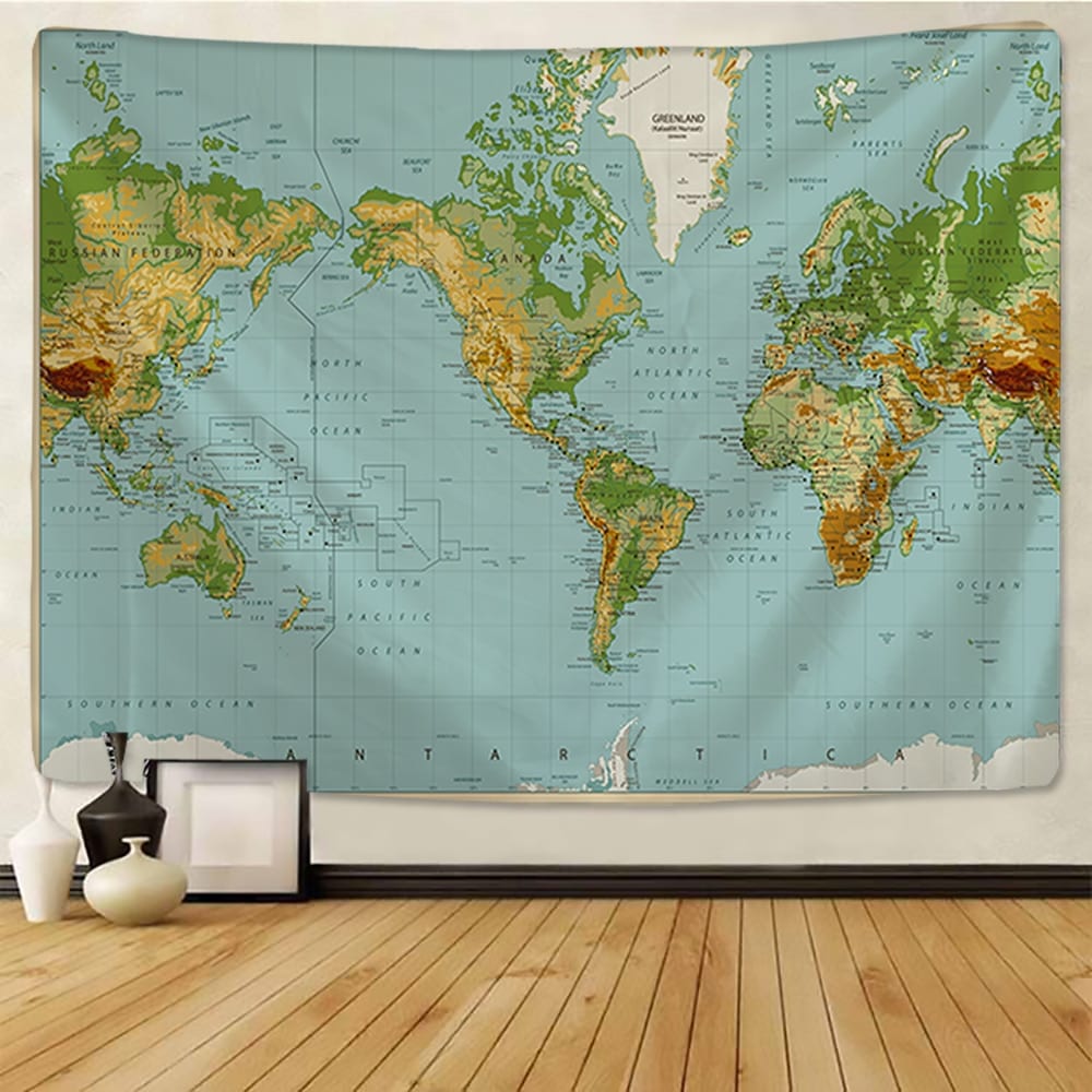 World Map Tapestry High-Definition Map Fabric Wall Hanging Decor Watercolor Map Letter Polyester Table Cover Yoga Beach towel
