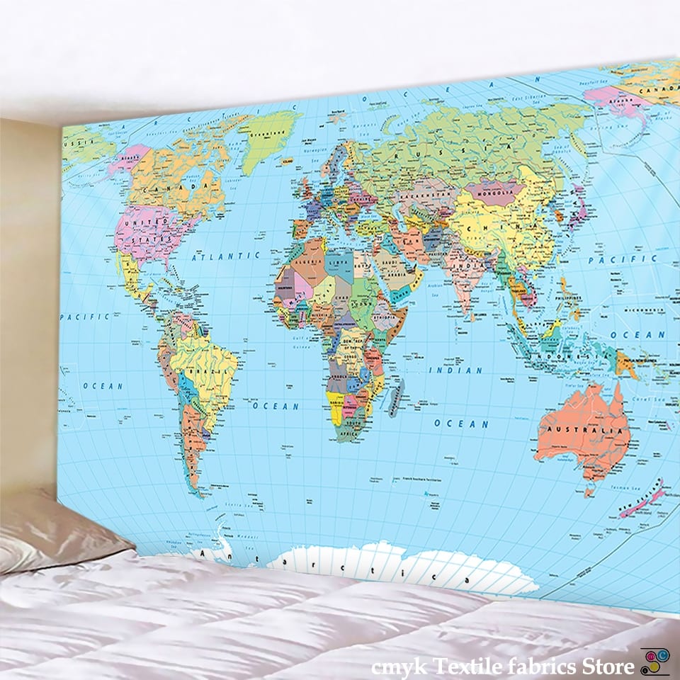 World Map Tapestry High-Definition Map Fabric Wall Hanging Decor Watercolor Map Letter Polyester Table Cover Yoga Beach towel