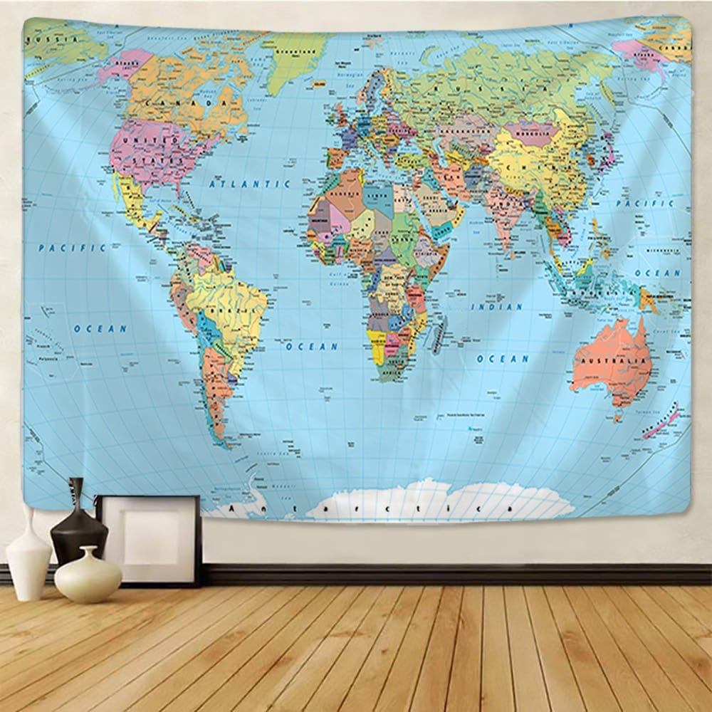 World Map Tapestry High-Definition Map Fabric Wall Hanging Decor Watercolor Map Letter Polyester Table Cover Yoga Beach towel