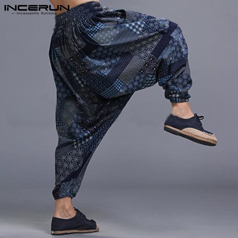 Férfi háremnadrág INCERUN Plus Size Men Print Vintage Harem Pants Drop Crotch Cotton Hip-hop Men Women Casual Pants Streetwear Baggy Trousers 2020