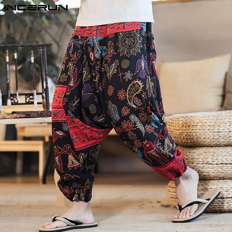 Férfi háremnadrág INCERUN 2020 Men Harem Pants Print Retro Drop Crotch Joggers Cotton Trousers Men Baggy Loose Nepal Style Men Casual Pants S-5XL