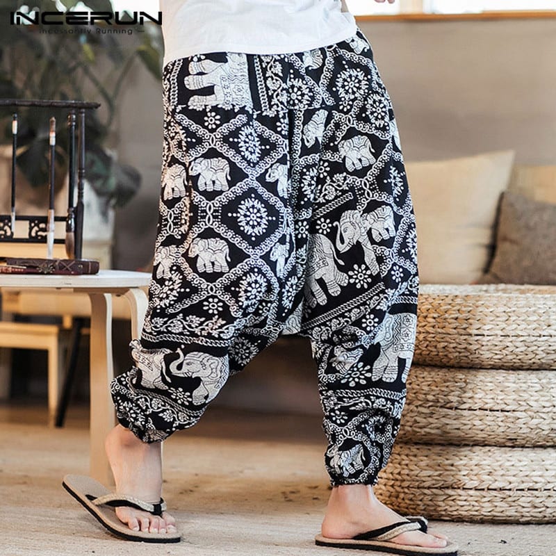 Férfi háremnadrág INCERUN 2020 Men Harem Pants Print Retro Drop Crotch Joggers Cotton Trousers Men Baggy Loose Nepal Style Men Casual Pants S-5XL