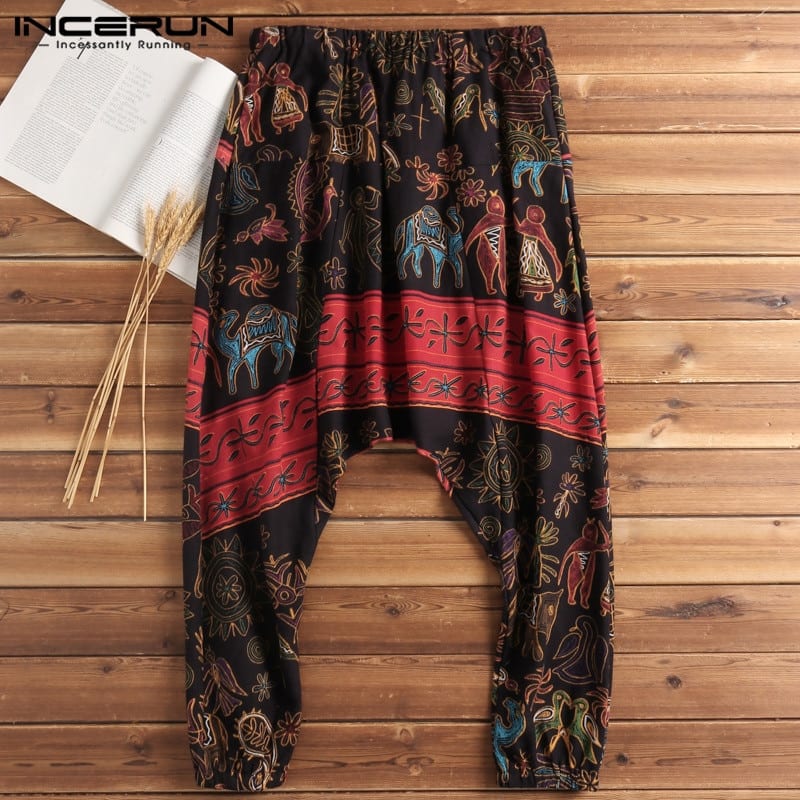 Férfi háremnadrág INCERUN 2020 Men Harem Pants Print Retro Drop Crotch Joggers Cotton Trousers Men Baggy Loose Nepal Style Men Casual Pants S-5XL