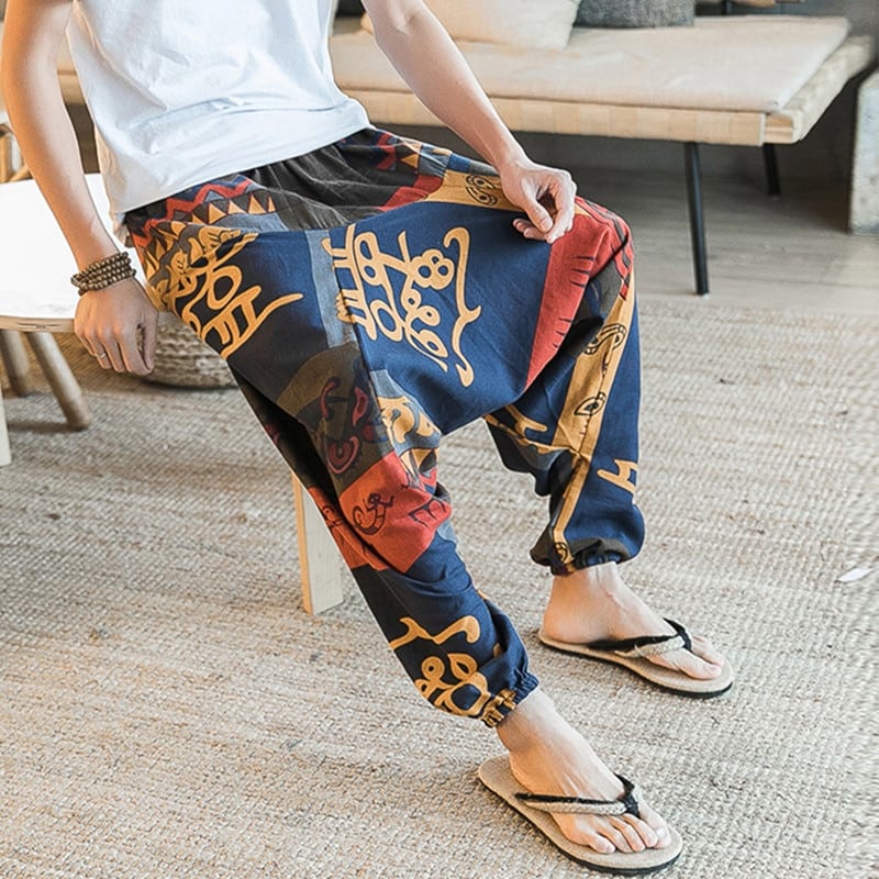 Férfi háremnadrág INCERUN 2020 Men Harem Pants Print Retro Drop Crotch Joggers Cotton Trousers Men Baggy Loose Nepal Style Men Casual Pants S-5XL