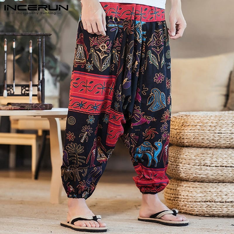 Férfi háremnadrág INCERUN 2020 Men Harem Pants Print Retro Drop Crotch Joggers Cotton Trousers Men Baggy Loose Nepal Style Men Casual Pants S-5XL