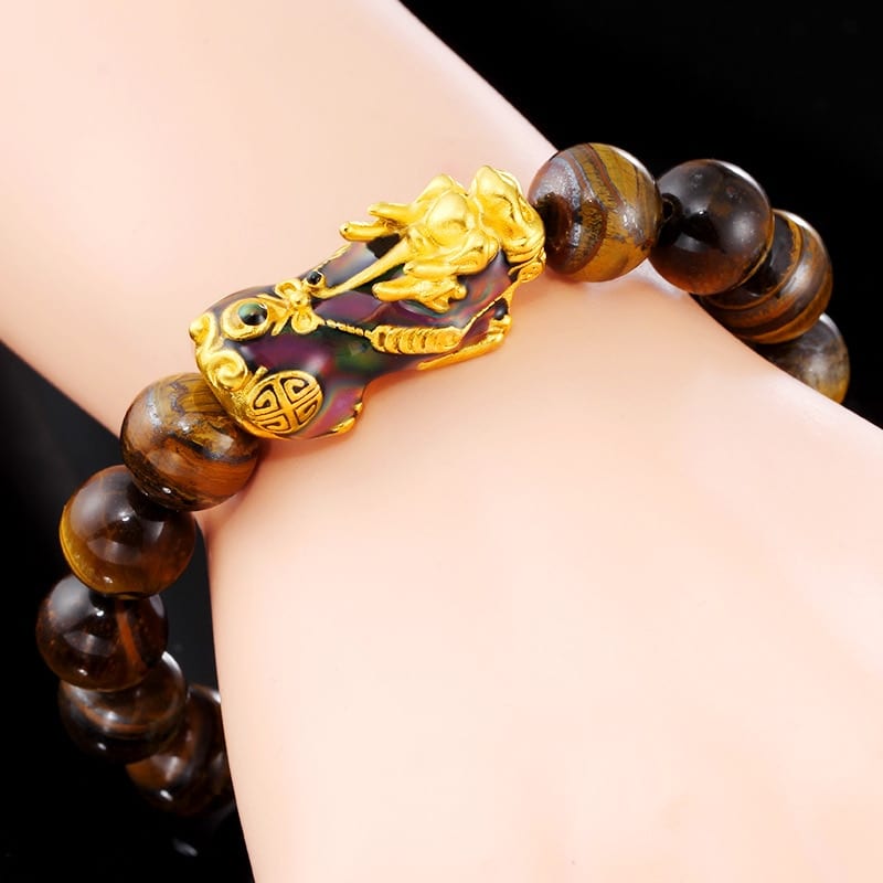 Karkötő Natural Tiger Eye Beaded Mens Bracelet With Brave Troops Thermochromic Pixiu Charm Strand Bracelets Handmade Jewelry