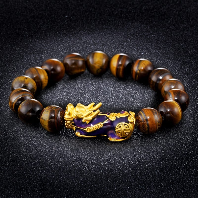 Karkötő Natural Tiger Eye Beaded Mens Bracelet With Brave Troops Thermochromic Pixiu Charm Strand Bracelets Handmade Jewelry